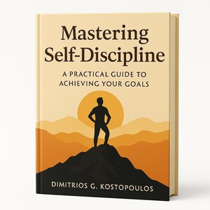 Pode incluir: Um livro de capa dura intitulado "Mastering Self-Discipline" com a silhueta de uma pessoa em pé numa montanha contra um pôr do sol. A capa também inclui o subtítulo "A Practical Guide to Achieving Your Goals" e o nome do autor.