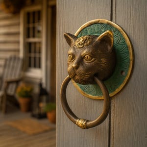Brass Cat Head Door Knocker Teal Backplate Rustic Cottage Boho Home Decor