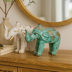Hand Carved Elephant Ornament Albesia Wood Boho Shelf Decor Housewarming Gift