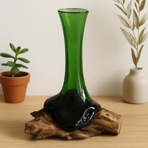 Green Molten Recycled Bottle on Driftwood Eco-Friendly Handmade Nature Home Decor