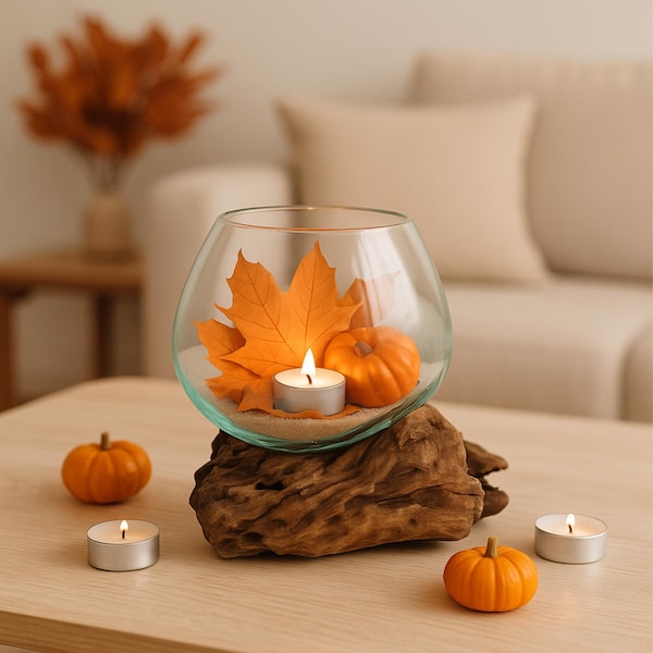 Molten Glass Wood Bowl Centerpiece for Plants & Candles Handmade Natural Home Decor
