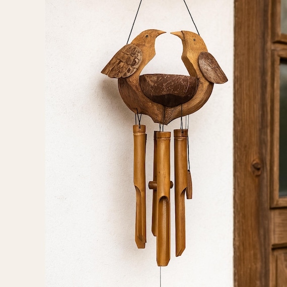 Husband & Wife Bird Wind Chime Bamboo Coconut Love Decor for Garden or Gift