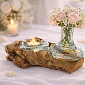 Molten Glass Tealight Holder Vase Gamal Wood Base Rustic Boho Wedding Table Decor