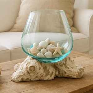 Handmade Molten Glass Bowl on Whitewash Wood Coastal Decor Centerpiece