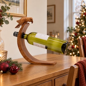 Bird Balance Wine Holder Hand Carved Wooden Bottle Stand Rustic Bar Decor