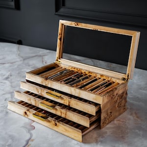 Handcrafted Mappa Burl Pen Box, Unique Grain, 3 Drawers, Gold Accents, Luxury Desk Organizer, Office Gift Ideas, Pen Display Storage Case