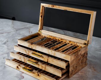 Handcrafted Mappa Burl Pen Box: 3-Drawer Luxury Desk Organizer