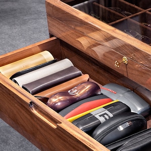 Luxury wooden eyeglasses box drawer and lock detail
