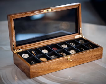 Luxury Watch Storage Box with 14 Individual Slots, Ebony and Acacia Watch Display with Glass Lid, It's a Valentines day gift