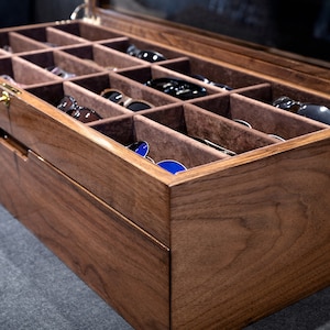 handmade wooden walnut eyeglasses box hinge and lock detail