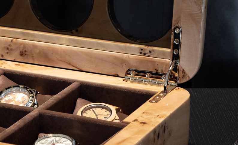 mapa burl watch box close hinge detail