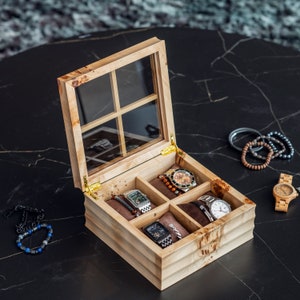 Boîte à montres en loupe de mappa brillante pour homme, présentoir de bracelet luxueux et fabriqué à la main, organisateur de présentoir à bijoux en bois à 4 fentes image 4