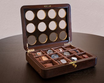 Wenge Wood Watch Box with 12 Compartments for Jewelry and Accessories, Wenge Wood Watch Display Case, valentines day gift