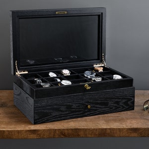 front view of luxury handmade black oak watchbox open cover