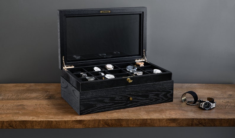 front view of luxury handmade black oak watchbox open cover