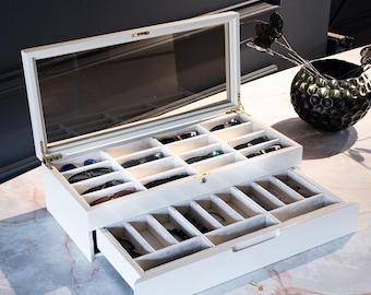 Lacquered Eyeglasses Organizer Box: 28-Slot Sunglasses & Watch Display Case