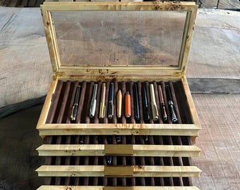 Burl Wood Fountain Pen Display Case, 60 Pen Storage Box with Glass Lid and 3 Drawers, Handmade Collector Organizer, Gift for Him Dad