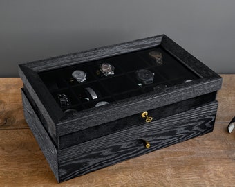 Luxury Black Oak Watch Box With Drawer, Birthday gift, Large Watch Holder, Wood Watch Organizer, Wooden watch case, Valentines day gift