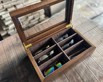 Walnut Wood Sunglasses Storage Box, 6 Slot Eyewear Organizer Case with Glass Lid, Handmade Display Holder, Gift for Him Dad Husband