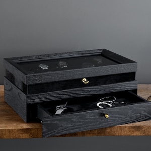 black oak watchbox open drawer furry fabric inside