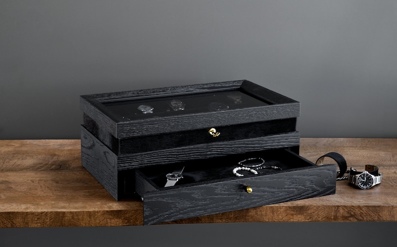 black oak watchbox open drawer furry fabric inside