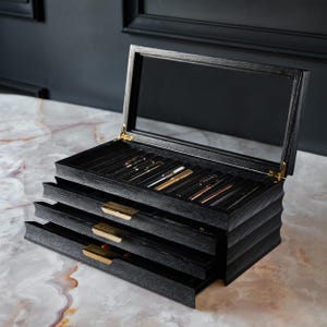 Handcrafted Black Oak Pen Box – 3 Drawers, Gold Accents, Rich Wood Grain, Luxurious Desk Organizer, Office Desk Pen Storage Case, New Job