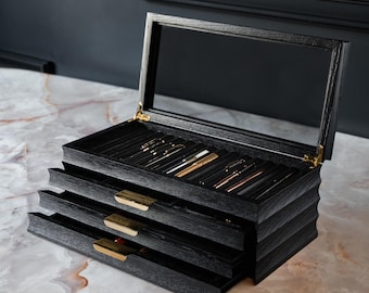 Handcrafted Black Oak Pen Box: 3-Drawer Desk Organizer with Gold Accents