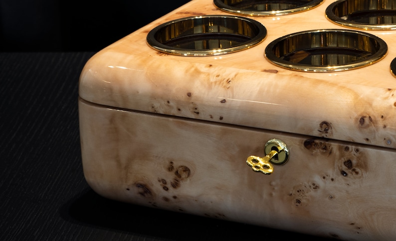 handmade luxury mapa burl watch box lock detail