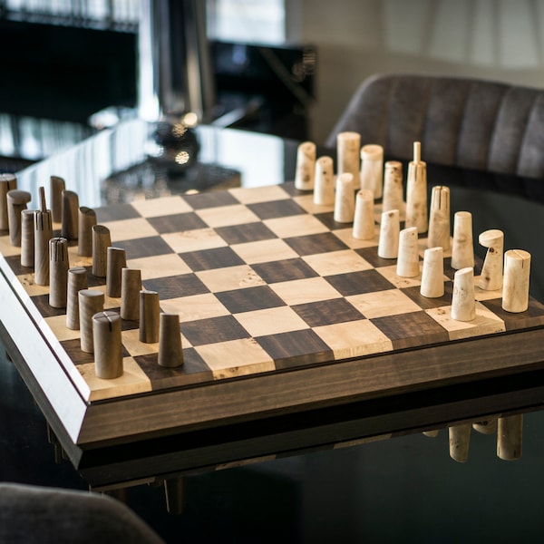 Handmade Walnut & Mapa Burl Chess Set: Unique Board Game Design