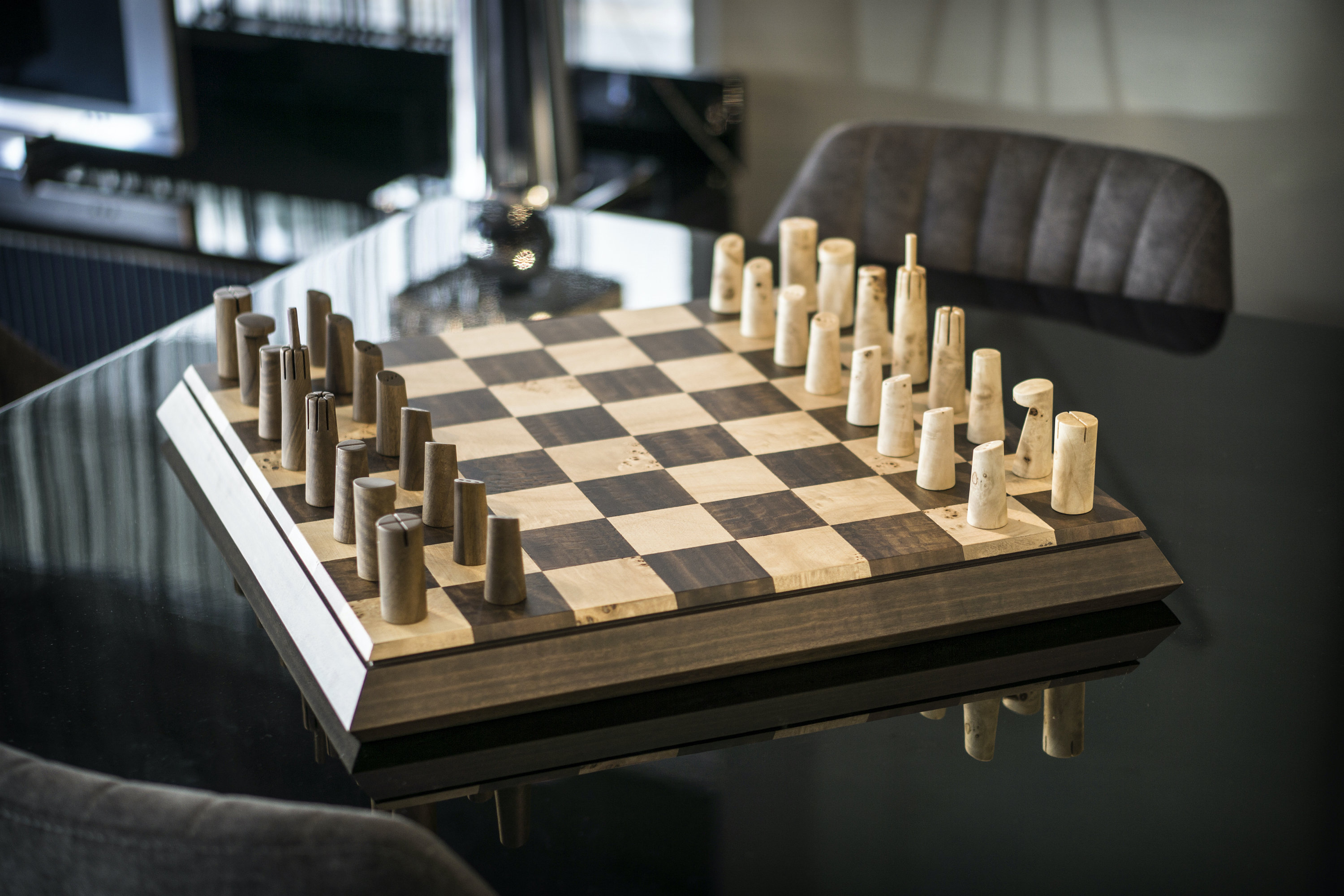 Wooden Unique Design Handmade Chess Set Walnut and Mapa Burl 