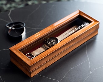 Custom Engraved Walnut Watch Box: Glass Top Accessory Storage