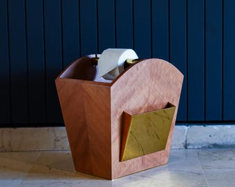 Handmade Cherry Wood Toilet Paper Holder with Gold Magazine Rack