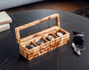 High Gloss Mappa Burl Wood Watch Box: Glass View Timepiece Holder