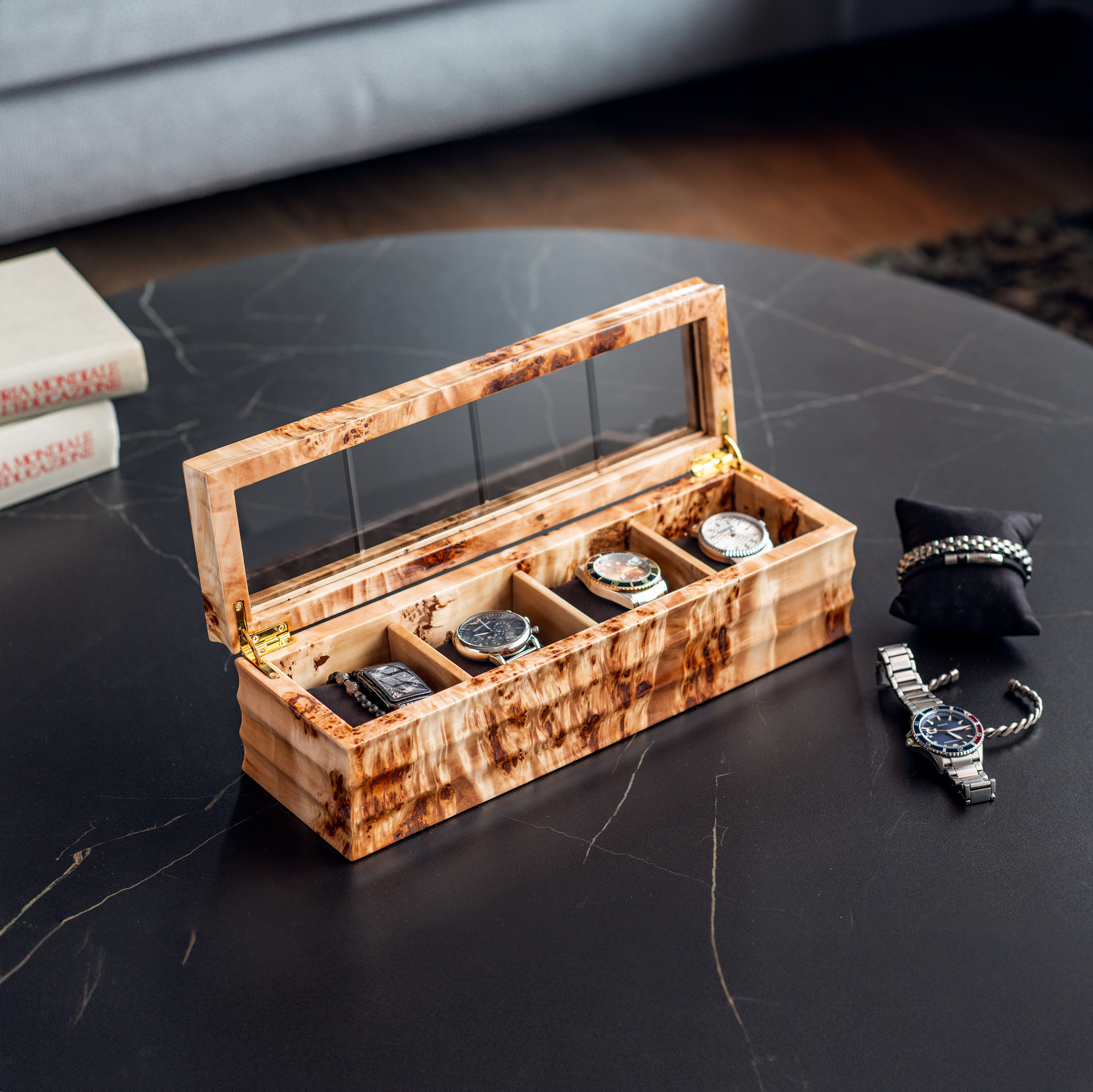 High Gloss Walnut Watch Case, Elegant Watch Holder with Glass View, Chic Timepiece Box, Handmade Massive Mappa Burl Wood, Christmas gift