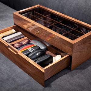 Massive walnut eyeglasses box with drawer