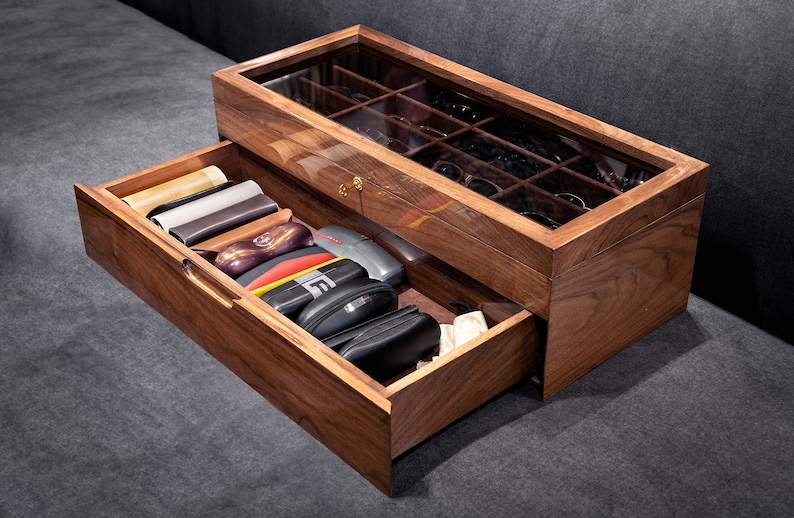 Massive walnut eyeglasses box with drawer