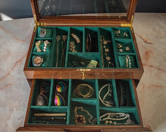 Walnut Wood Jewelry Box with Lock: Green Velvet Interior Organizer