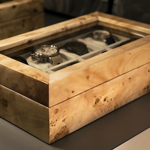 handmade mapa burl wooden watch case close cover