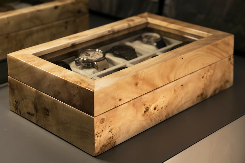 handmade mapa burl wooden watch case close cover