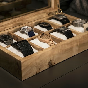 Mapa burl wood watch box hinge and pillow detail