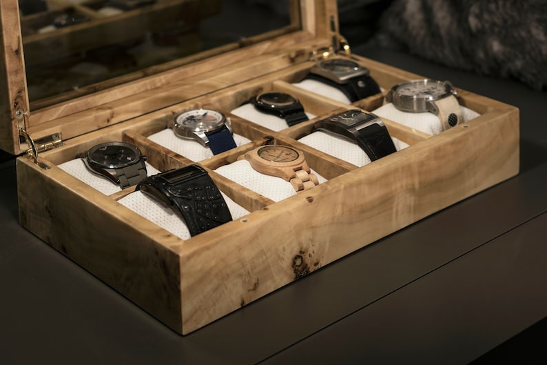Mapa burl wood watch box hinge and pillow detail