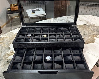 53 Watch Capacity Black Oak Watch Box with Drawer