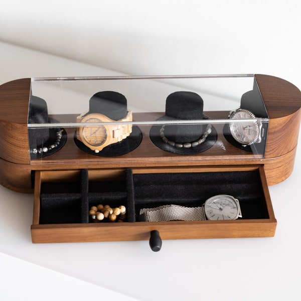 Watch Box With Drawer, Walnut and Black Oak Watch Case, Watch Box For Men, Watch Display Case, Gift For Him, Gift For Dad, Valentines gift