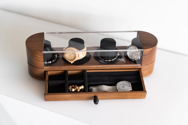 Watch Box With Drawer, Walnut and Black Oak Watch Case, Watch Box For Men, Watch Display Case, Gift For Him, Gift For Dad, Valentines gift Walnut