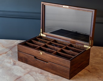 Handmade Walnut Glasses Display Case: High Gloss, 12-Slot Nubuck Interior