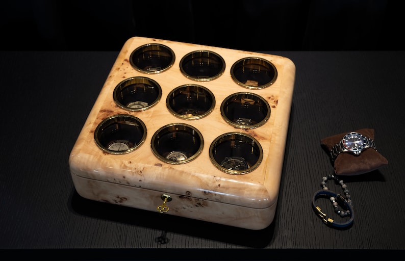 mapa burl luxury watch organizer for 9 watch top view with pillow and lock detail