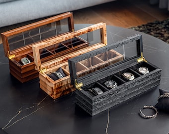 Black Oak Watch Box: Handmade Wooden Timepiece Case with Glass Top