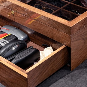 handmade eyeglass display case lock and drawer detail