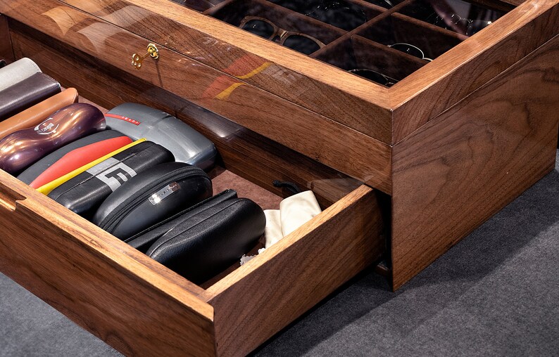 handmade eyeglass display case lock and drawer detail