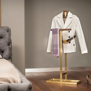 Walnut & Satine brass valet stand, bedroom Coat rack standing, Office accessory, Wooden coat hanger, housewarming gift, Valentines day gift image 2